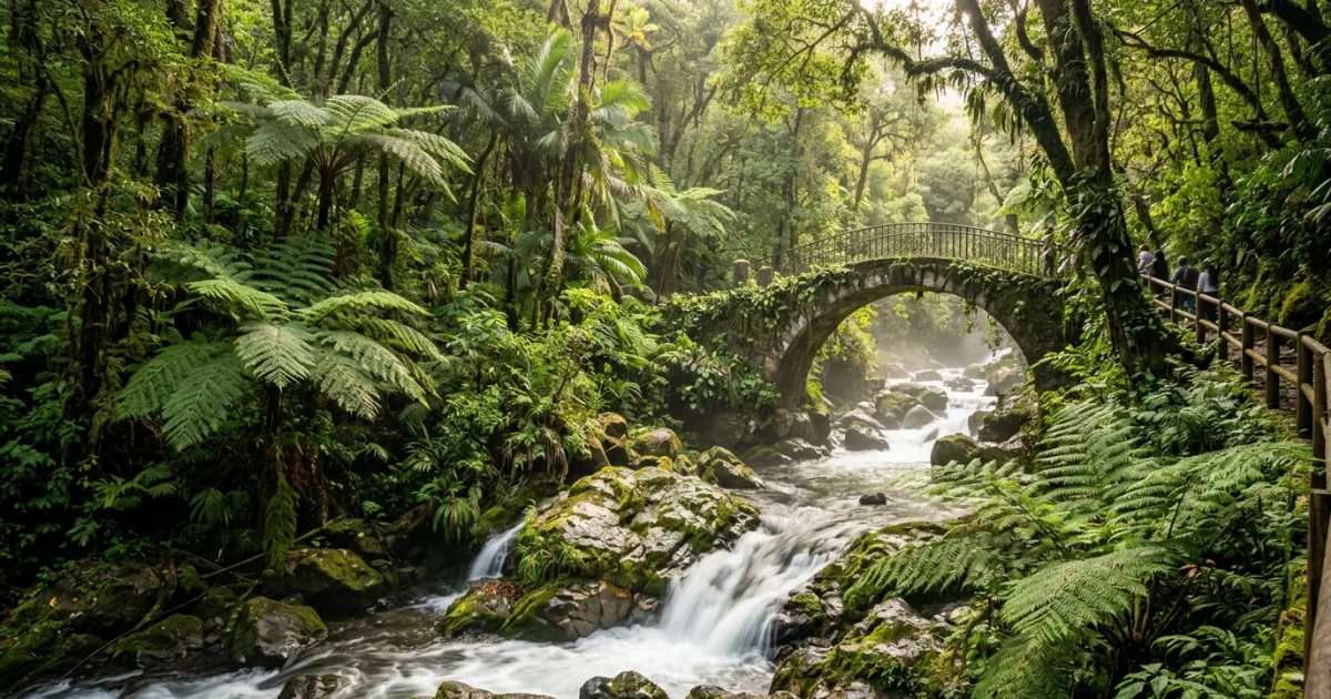 Lush tropical river and stone bridge inside Parque Nacional Barranca del Cupatitzio in Uruapan Michoacan