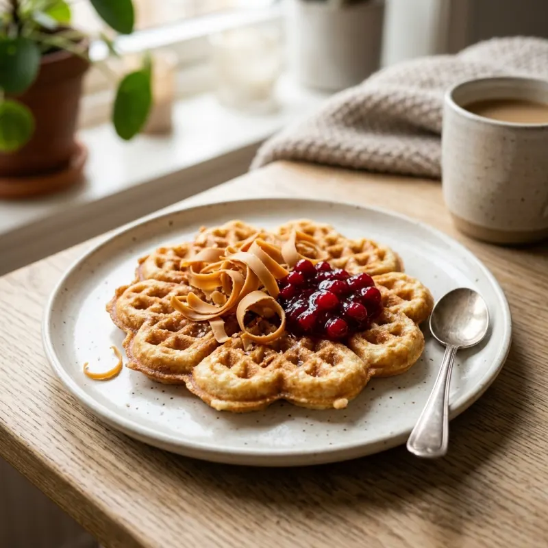 Freshly baked Norwegian waffle topped with brunost brown cheese and berries