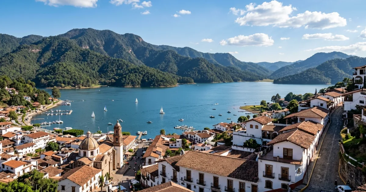 Panoramic overview of Valle de Bravo with red-roofed buildings and Lake Avándaro