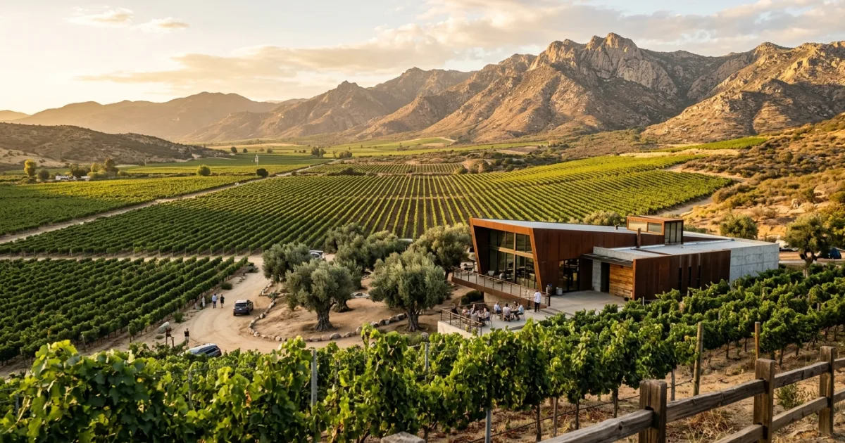 Scenic panoramic view of vineyards and modern winery architecture in Valle de Guadalupe Baja California