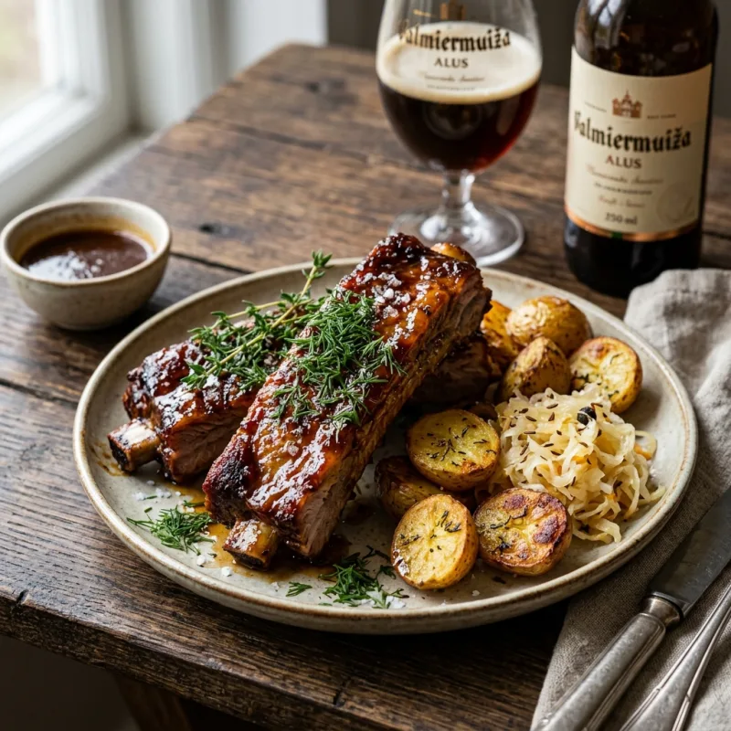 Beer-braised pork ribs with roasted potatoes and sauerkraut in a Vidzeme tavern