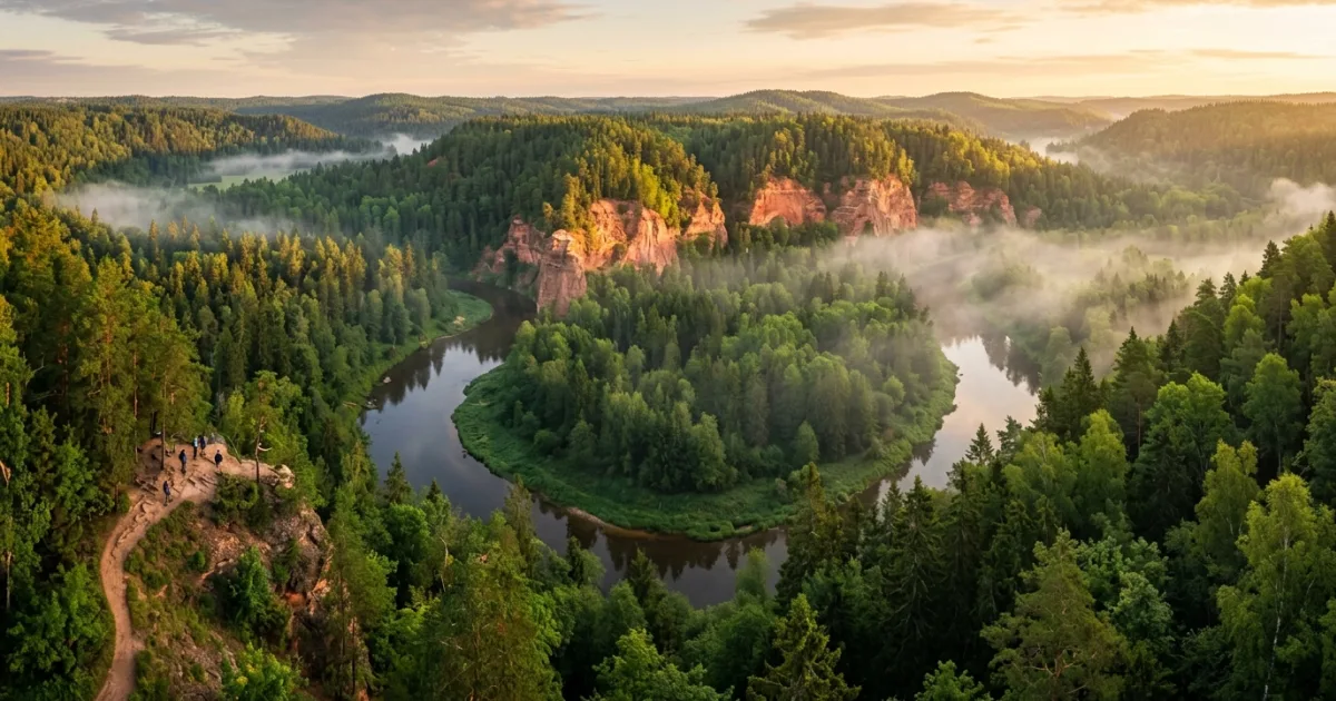 Panoramic view of the Gauja River Valley and sandstone cliffs in Vidzeme, Latvia