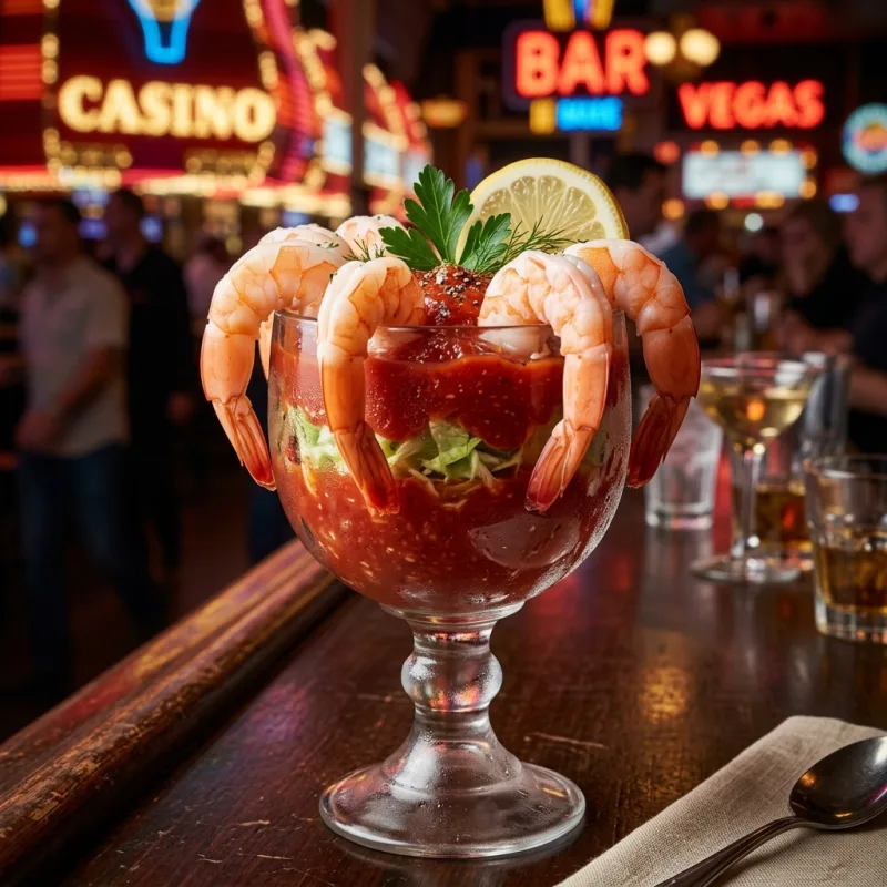 Classic chilled shrimp cocktail served in a vintage glass goblet on a bar