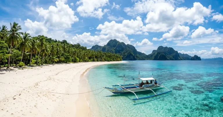 Visayas 4 Traditional outrigger boat on a pristine white sand beach in the Visayas
