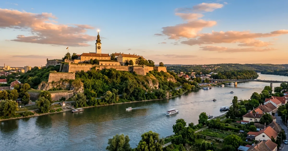 Petrovaradin Fortress overlooking the Danube River in Vojvodina Serbia during golden hour