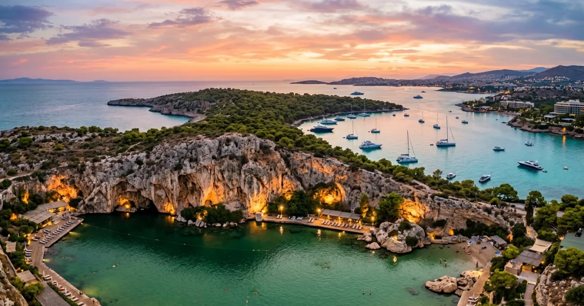 Panoramic golden hour view of Lake Vouliagmeni and the Athens Riviera coastline