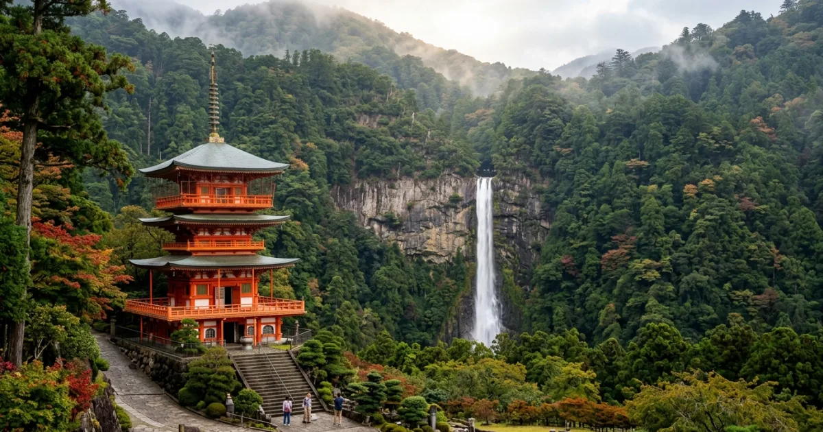 Nachi Falls and the three-story red pagoda of Seiganto-ji temple in Wakayama Japan