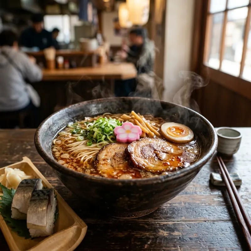 Authentic bowl of Wakayama Chuka Soba ramen with pork chashu and flower fish cake