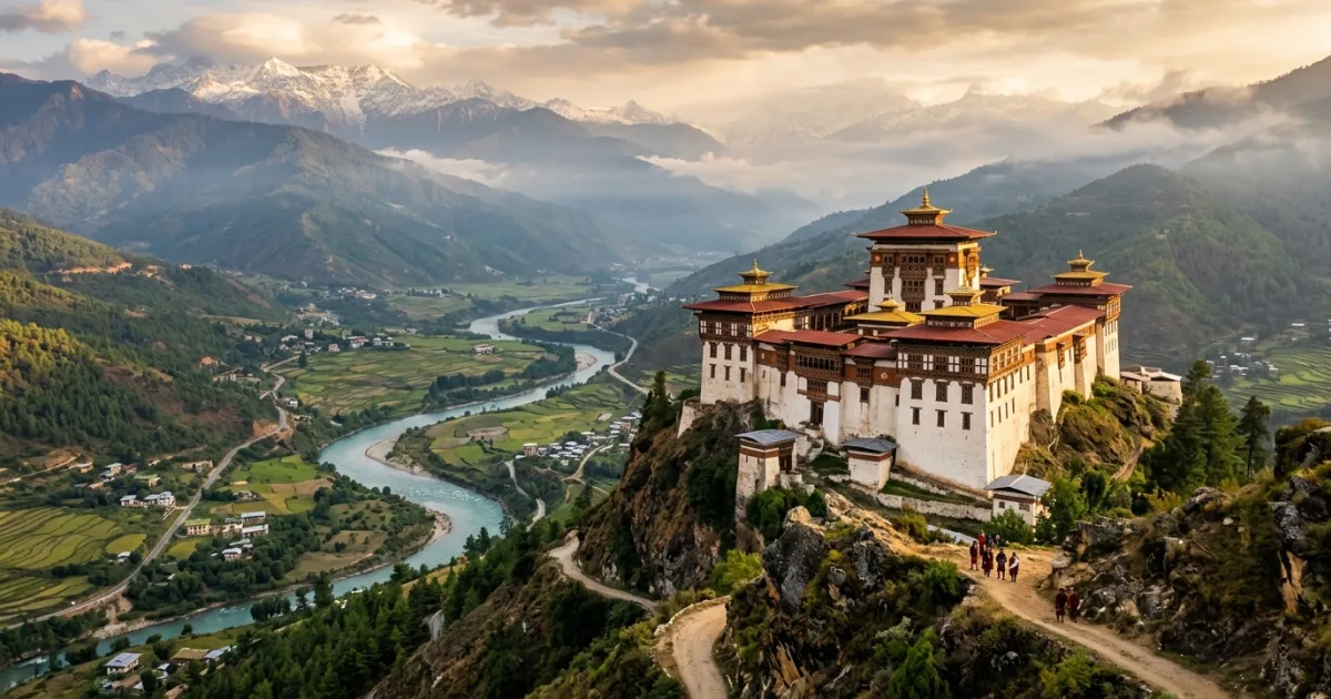 Panoramic view of Wangdue Phodrang Dzong fortress atop a scenic river ridge in Bhutan