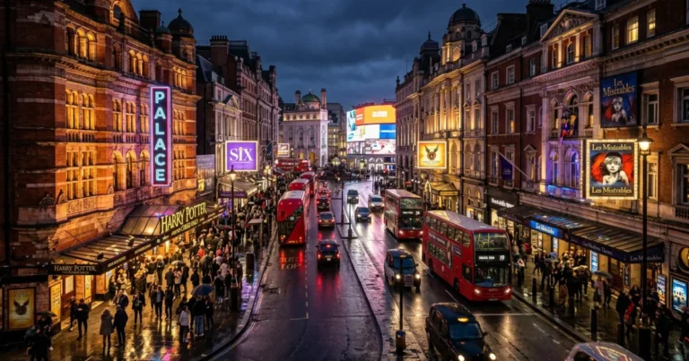 West End theatre district 9 Illuminated West End theatre marquees and red buses at twilight along Shaftesbury Avenue in London