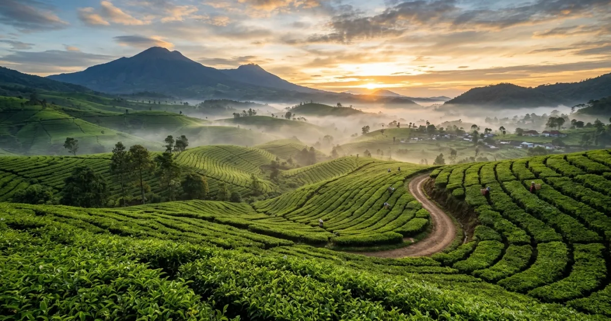 Panoramic view of terraced green tea plantations and misty mountains in West Java