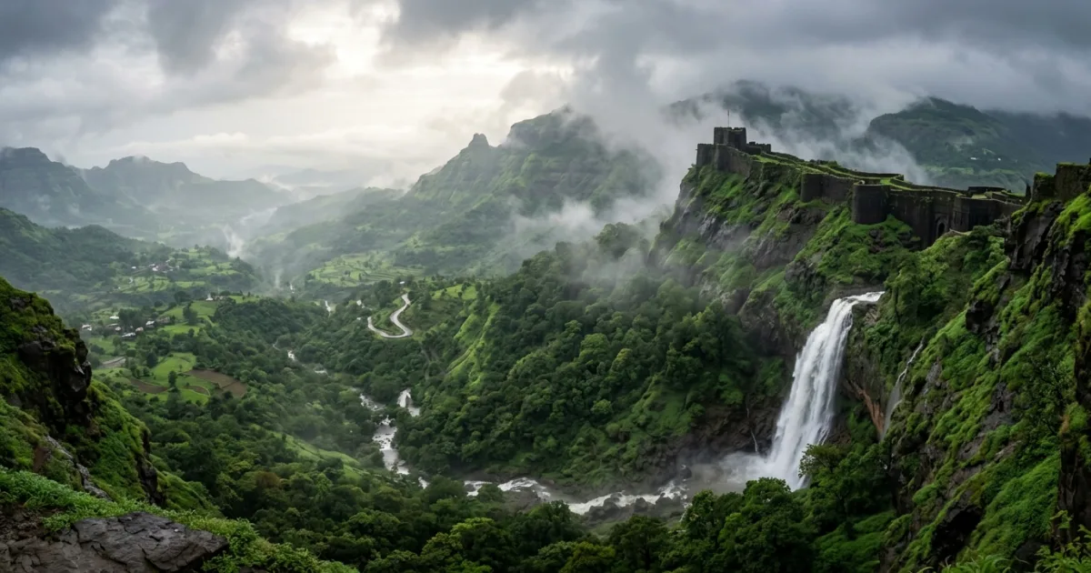 Panoramic view of the misty Sahyadri mountains with a historic Maratha hill fort and cascading waterfall in Western Maharashtra