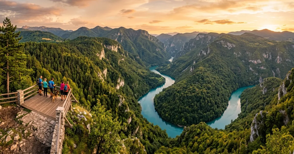Panoramic view of the Drina River canyon and dense pine forests from Banjska Stena viewpoint in Western Serbia