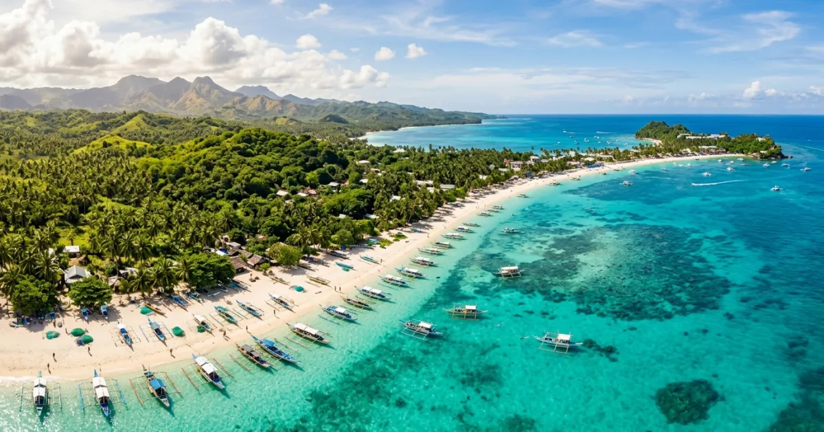 Aerial panoramic view of turquoise waters and white sand beach in Western Visayas Philippines