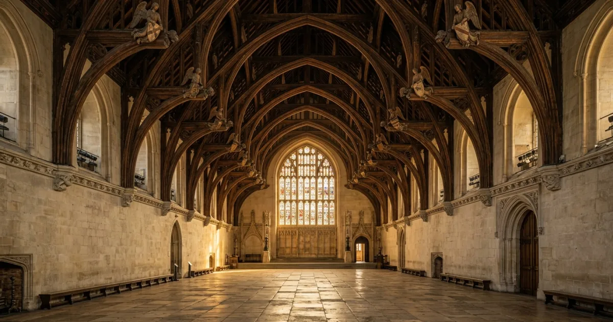 Expansive view of the historic timber hammerbeam roof and stone floor inside Westminster Hall London