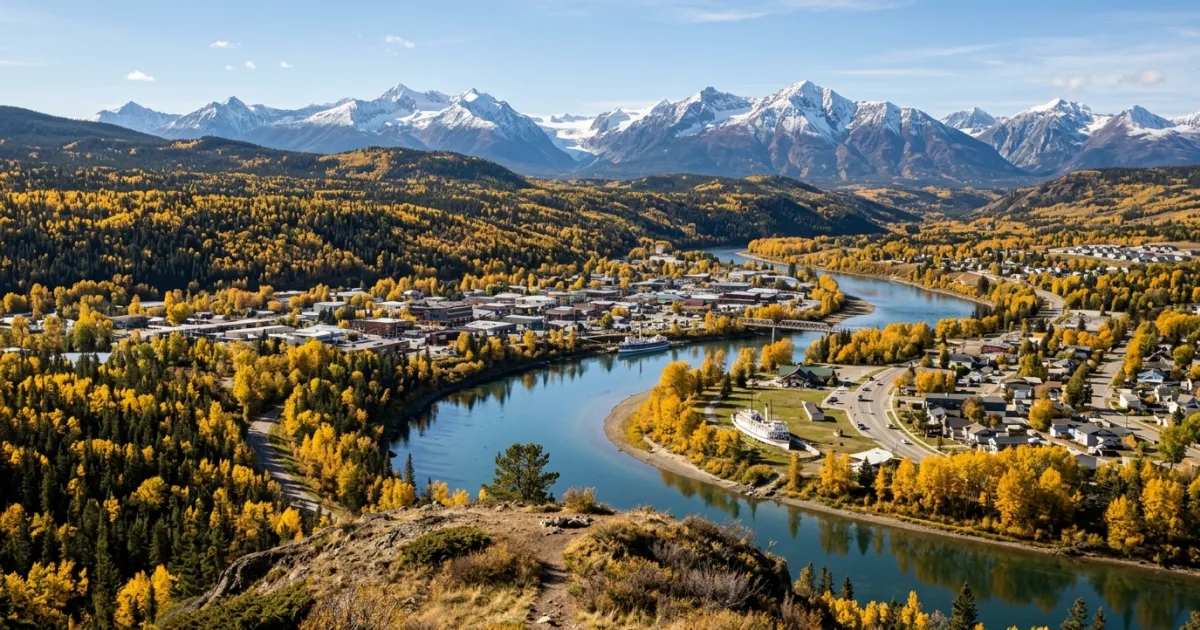 Wide angle view of Whitehorse and the Yukon River in autumn