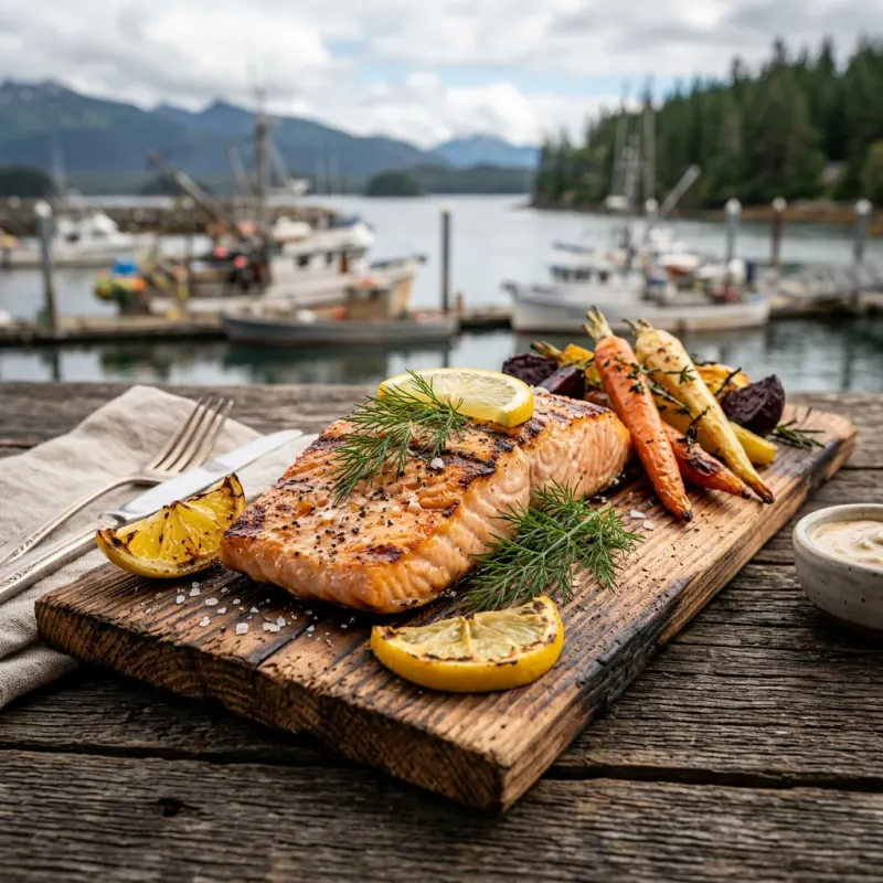 Grilled Wild Alaskan King Salmon on a cedar plank