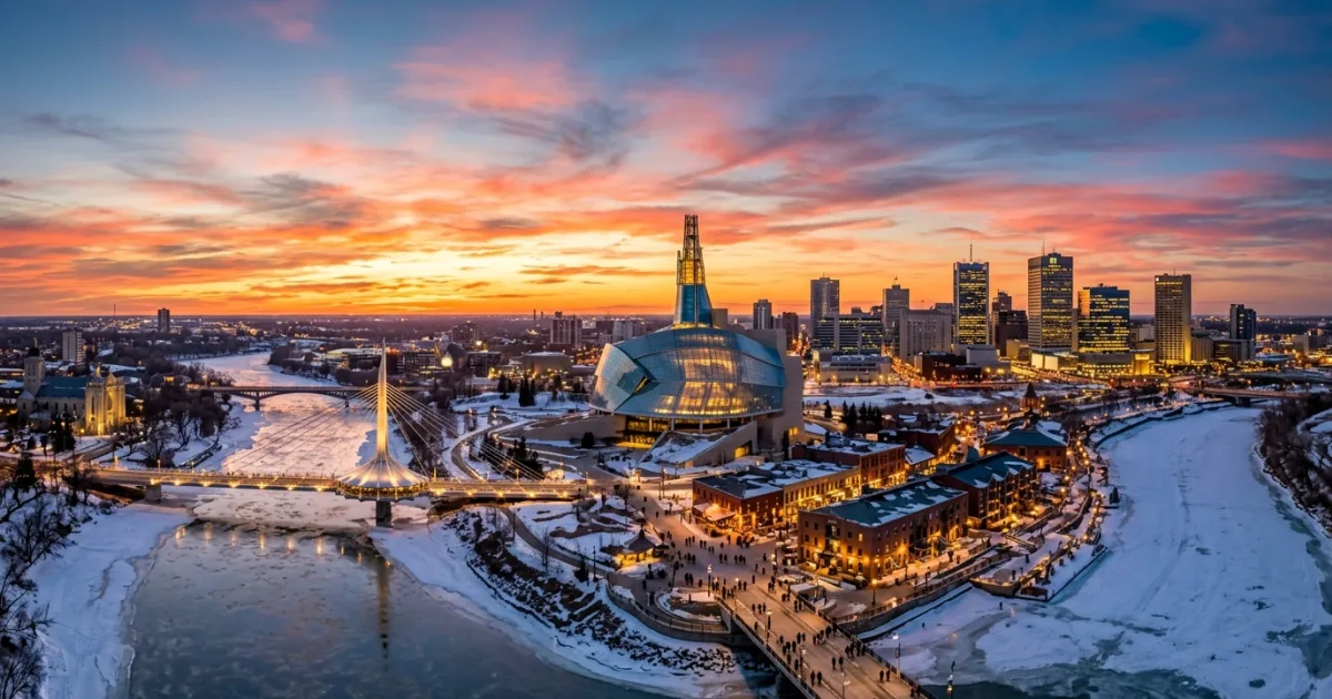 Panoramic view of the Winnipeg skyline and the Canadian Museum for Human Rights at sunset
