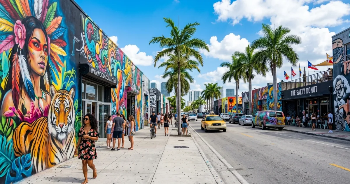 Colorful street art murals and palm trees along a vibrant sidewalk in Wynwood Arts District, Miami