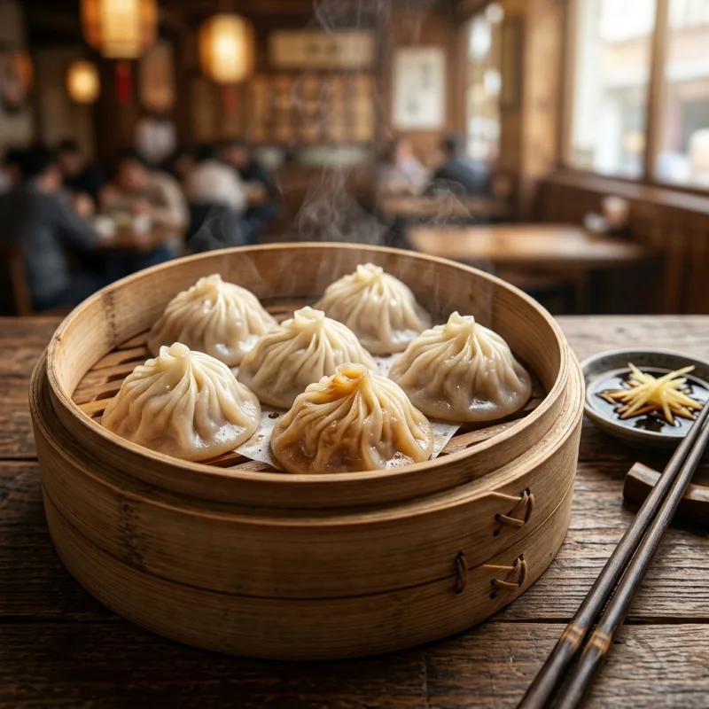 Steaming basket of traditional Shanghai Xiaolongbao soup dumplings