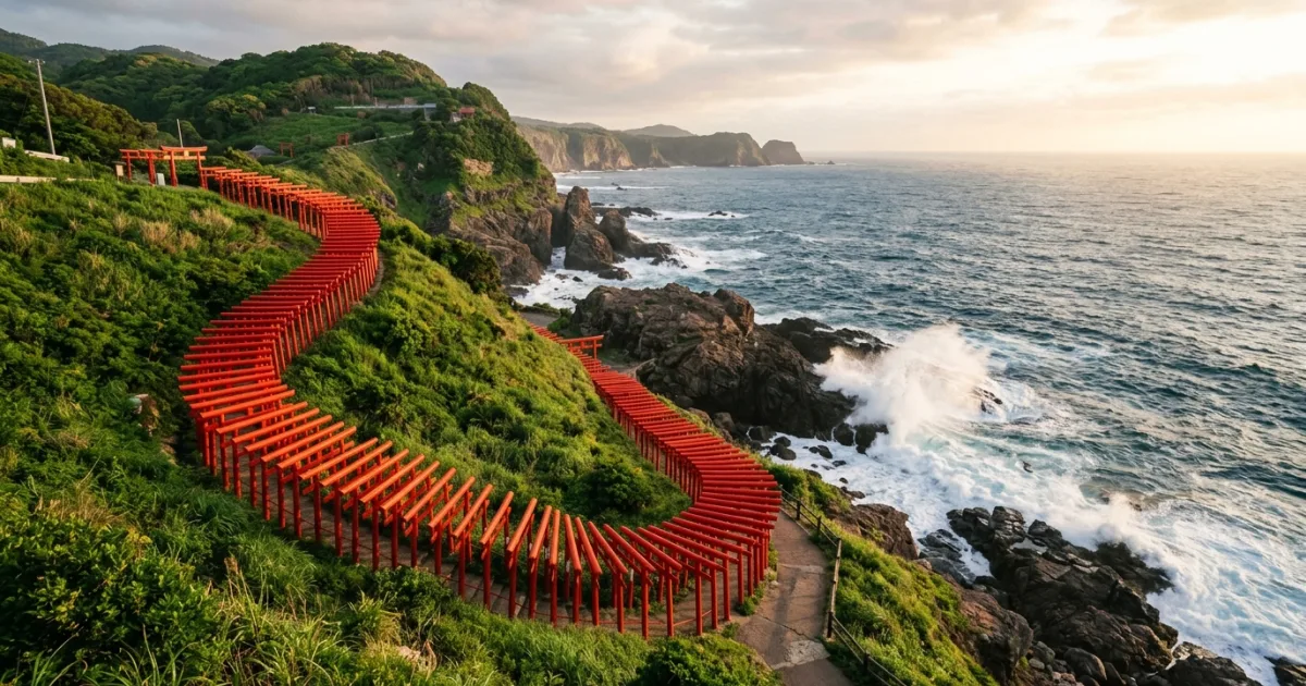 Motonosumi Shrine with red torii gates along the coast in Yamaguchi Prefecture Japan