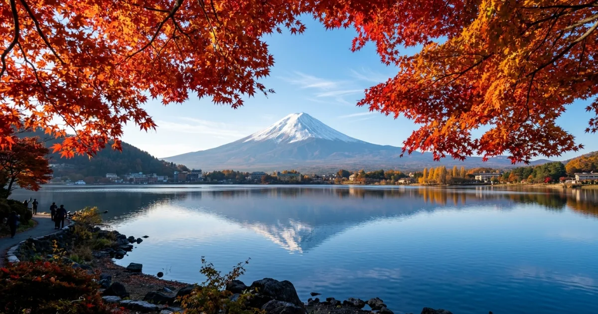 Panoramic view of snow-covered Mount Fuji across Lake Kawaguchiko framed by red autumn maples in Yamanashi Prefecture