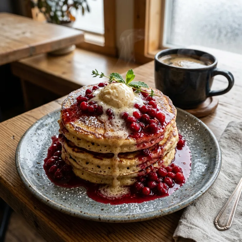 Stack of golden Yukon sourdough pancakes with melting butter and wild lingonberries