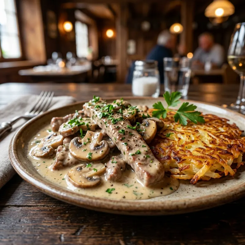 Authentic Zürcher Geschnetzeltes with crispy golden rösti on a rustic table