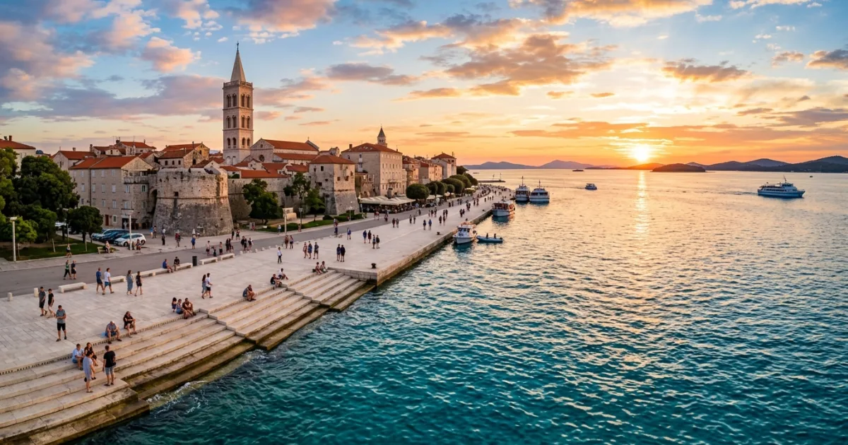 Panoramic sunset view of Zadar waterfront promenade and historic Old Town bell tower in Croatia