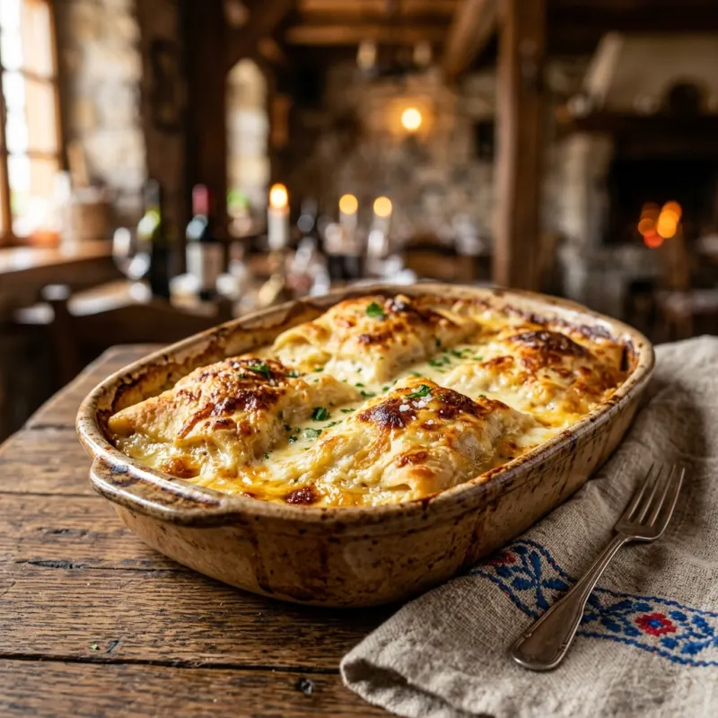 Baked Zagorski štrukli fresh from the oven in a rustic ceramic dish