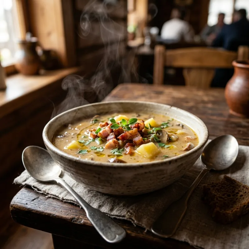 Bowl of traditional Polish Zalewajka soup with mushrooms and potatoes