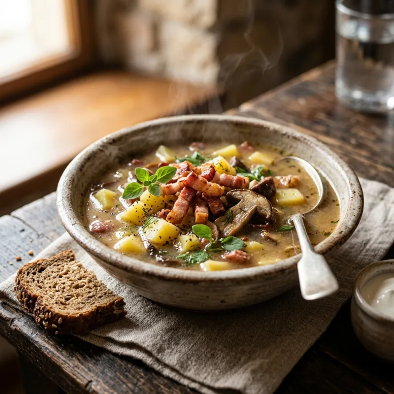 Bowl of traditional Polish Zalewajka sour rye soup with bacon and mushrooms