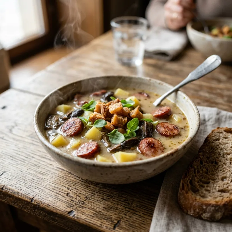 Authentic bowl of Polish Zalewajka Świętokrzyska soup garnished with sausage and herbs on a rustic wooden table