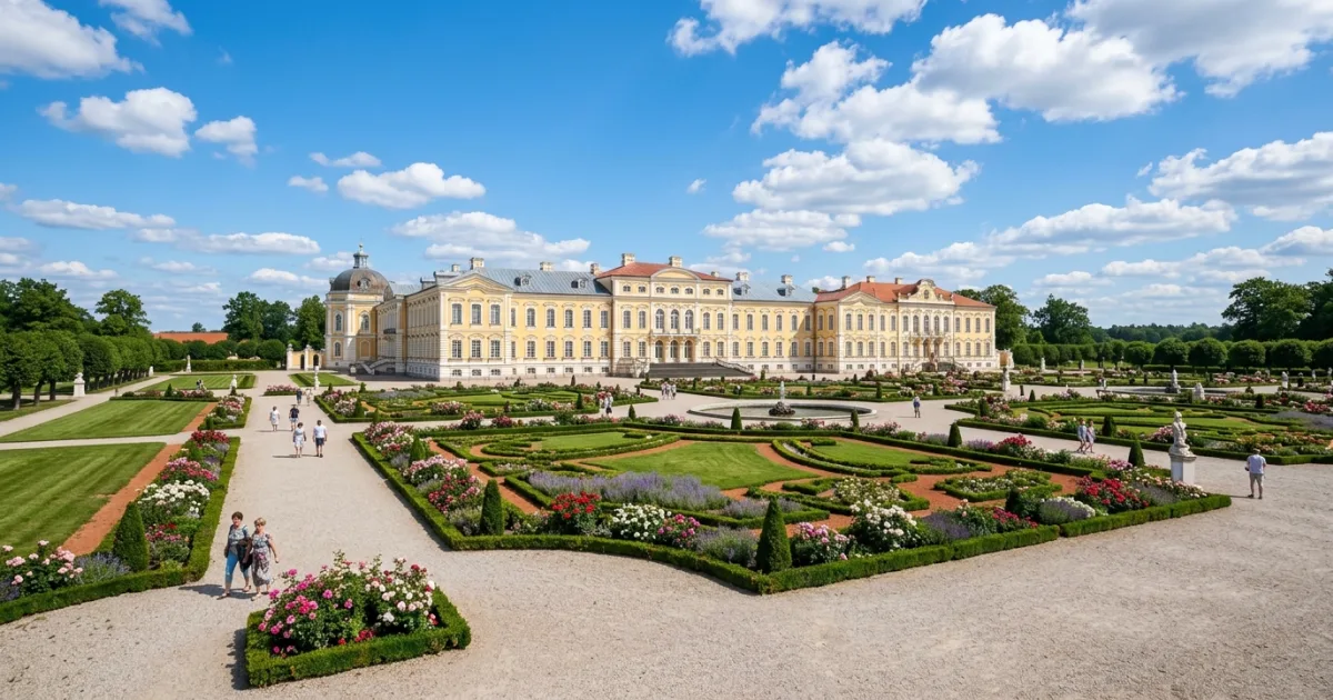 Panoramic view of Rundāle Palace and Baroque gardens in Zemgale, Latvia
