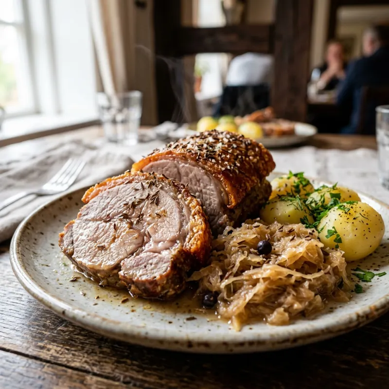 Zemgales Cūkgaļas Cepetis traditional roast pork with sauerkraut and potatoes