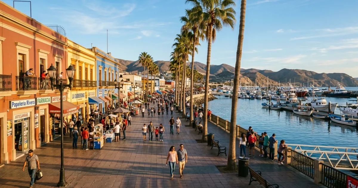 Wide view of vibrant Zona Centro Ensenada streetscape along the waterfront boulevard with palm trees