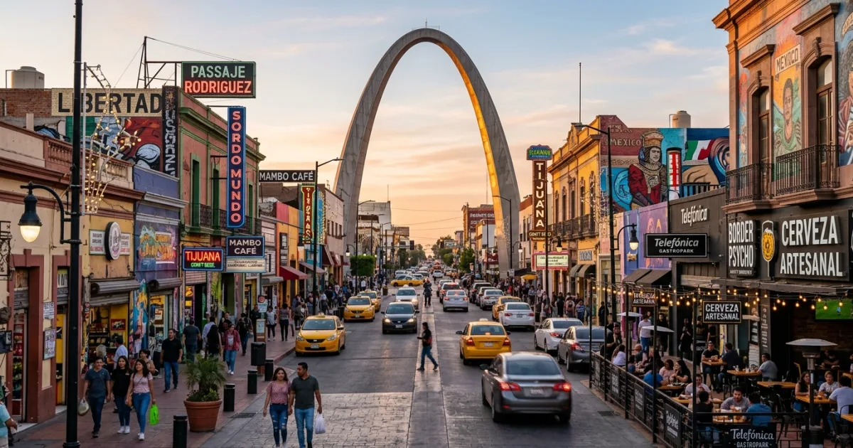 Avenida Revolución street scene with iconic Tijuana Arch in Zona Centro