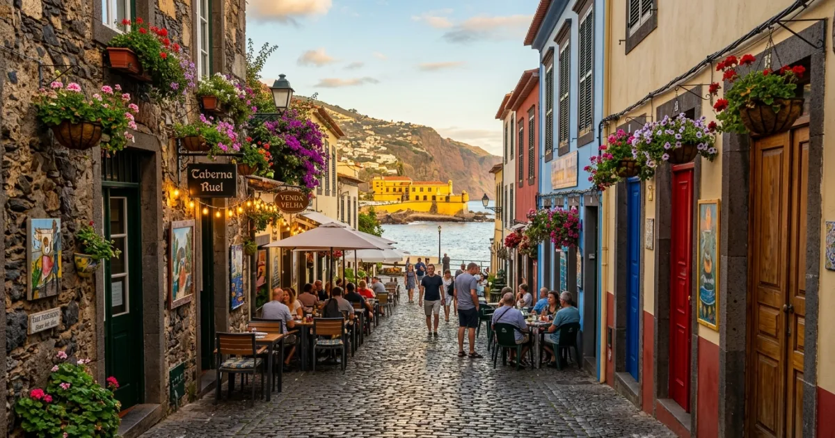 Pedestrian cobblestone street with painted doors and outdoor restaurants in Zona Velha Funchal