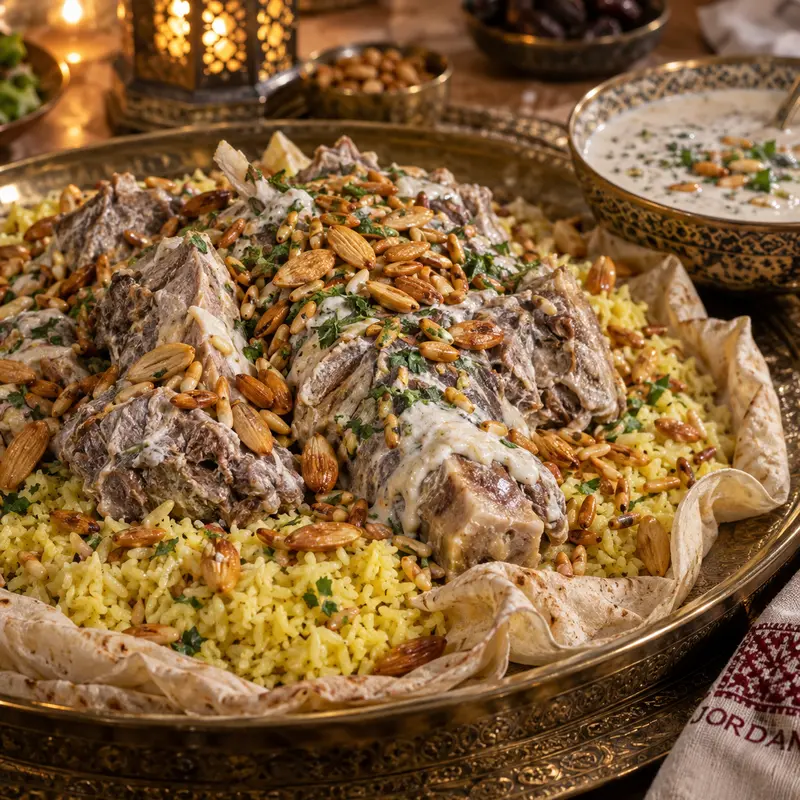 Traditional Jordanian Mansaf with braised lamb, turmeric rice, jameed sauce, and toasted nuts