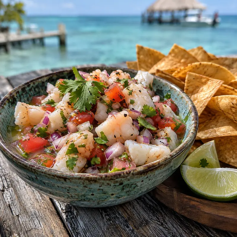 Fresh Belizean Conch Ceviche served with crisp corn tortilla chips on a coastal table