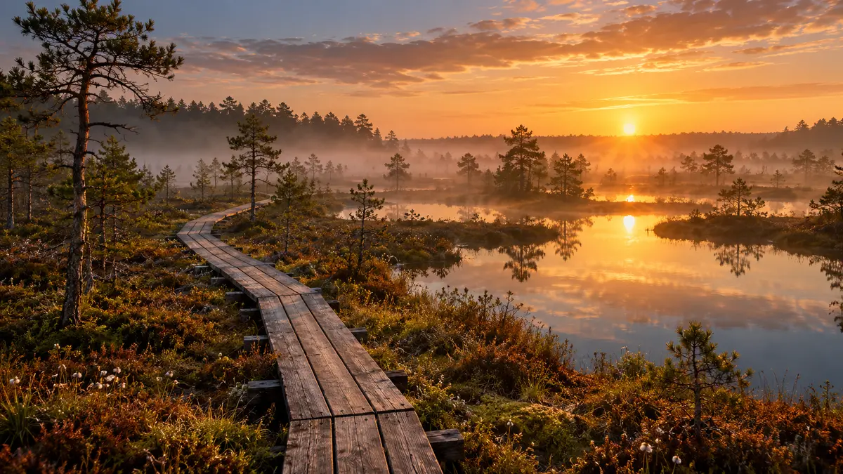Wooden boardwalk extending through misty Viru Bog in Lahemaa National Park Estonia