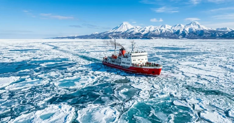Abashiri 2 Aurora icebreaker ship sailing through Okhotsk drift ice off the coast of Abashiri Hokkaido