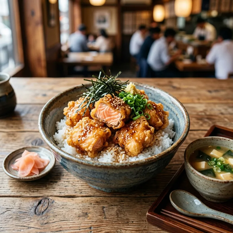Bowl of Abashiri Zangi Don deep fried salmon over rice