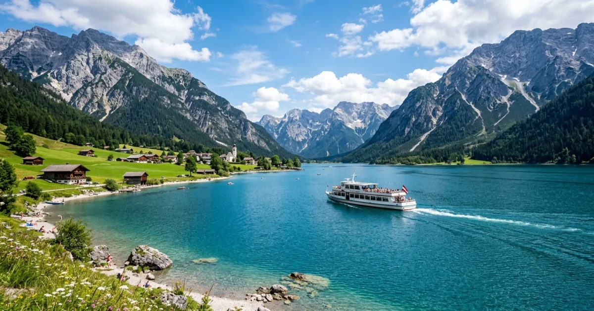 Panoramic view of Lake Achensee surrounded by the Karwendel and Rofan mountains in Tyrol Austria