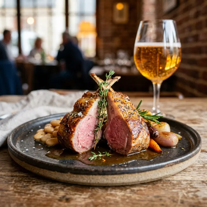 Roasted Agneau de Pré-Salé salt meadow lamb chops garnished with herbs on a stoneware plate