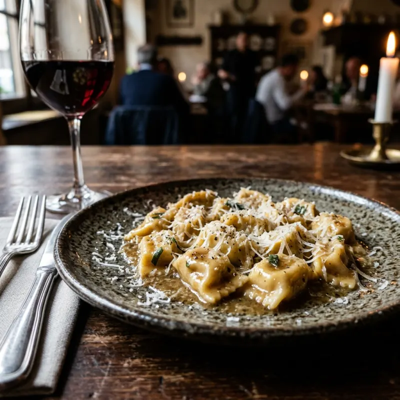 A plate of handmade Agnolotti del Plin pasta with rich meat gravy in Turin