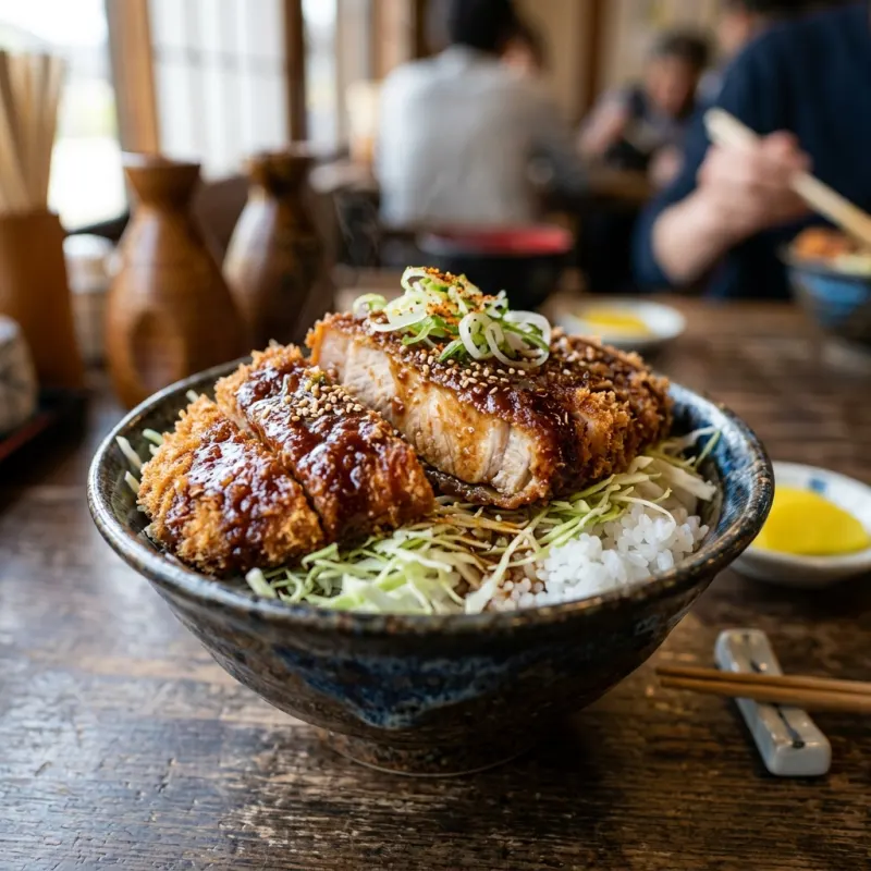 Authentic Japanese Aizu Sauce Katsudon served in a traditional bowl
