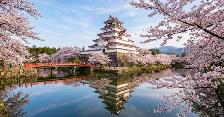 Aizu-Wakamatsu 6 Tsuruga Castle surrounded by blooming cherry blossoms in Aizu-Wakamatsu, Japan