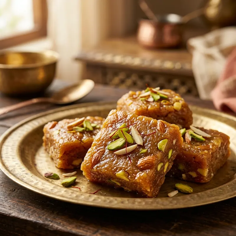 Authentic golden-brown Ajmeri Sohan Halwa garnished with pistachios and almonds
