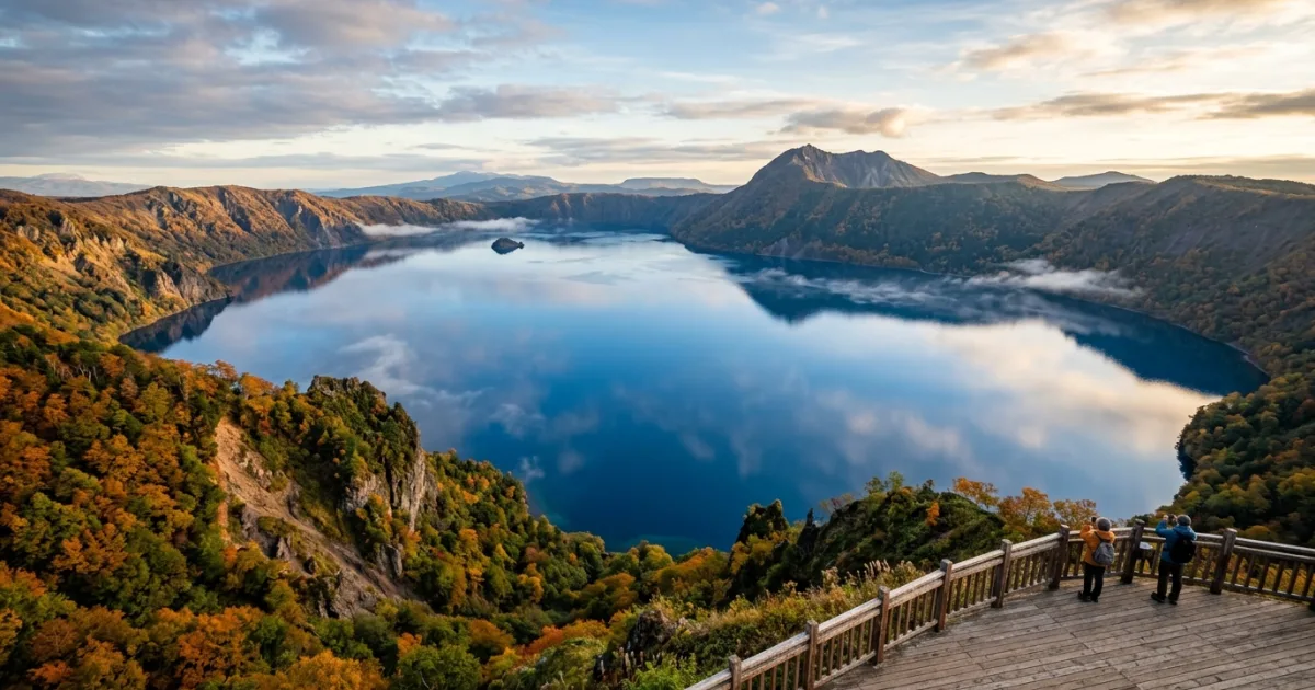 Panoramic view of Lake Mashu caldera in Akan-Mashu National Park Hokkaido